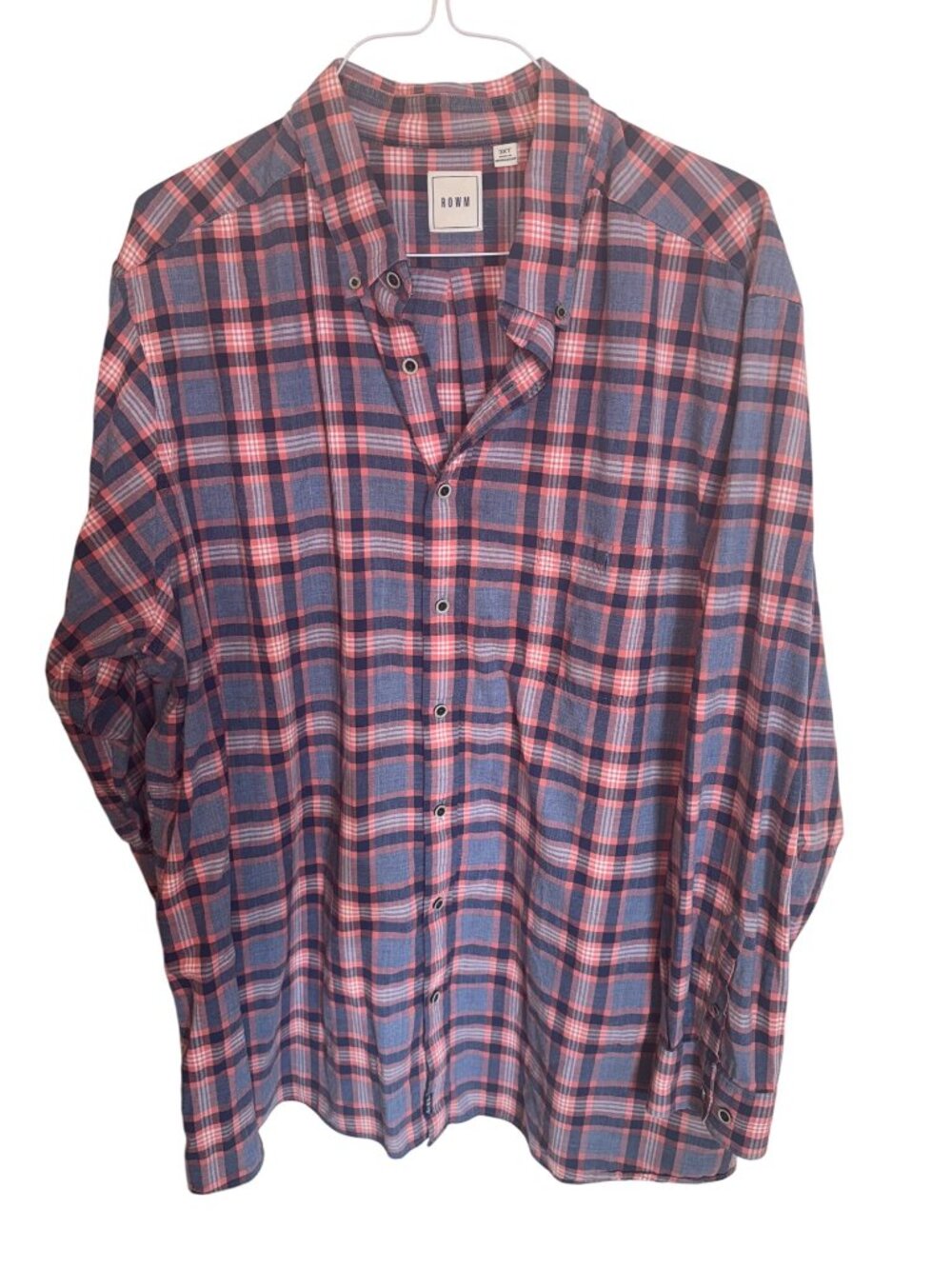 Rown Big Tall Red Blue Plaid Button-Up Shirt 3XT 100% Cotton Sustainable Casual